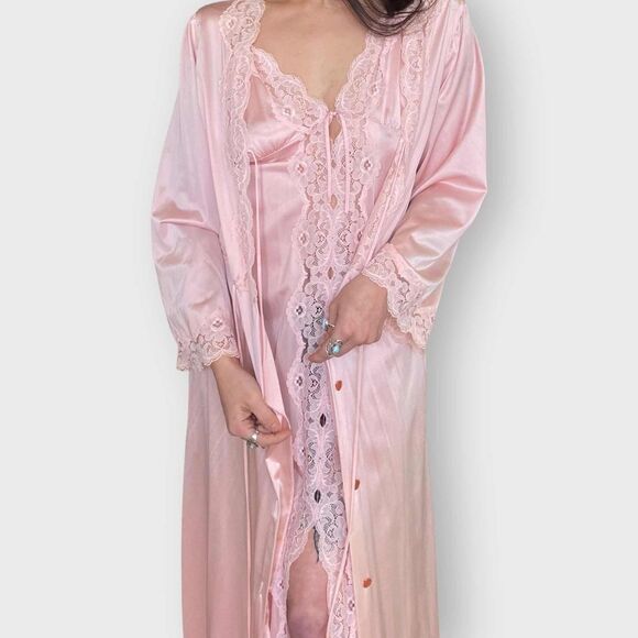 70’s Pastel Pink Lace Detailed Robe & Nightgown by Tom Bezduda for Barad Co. - Picture 1 of 13